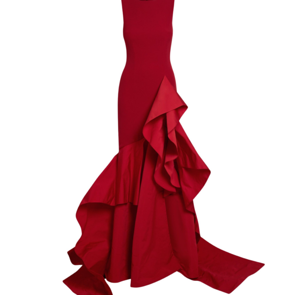 Safiyaa Viviana Long Dress in Lacquer Red on Azalea Red - Safiyaa Dresses - Heavy Crepe Cape Gown - Shop at Coveti