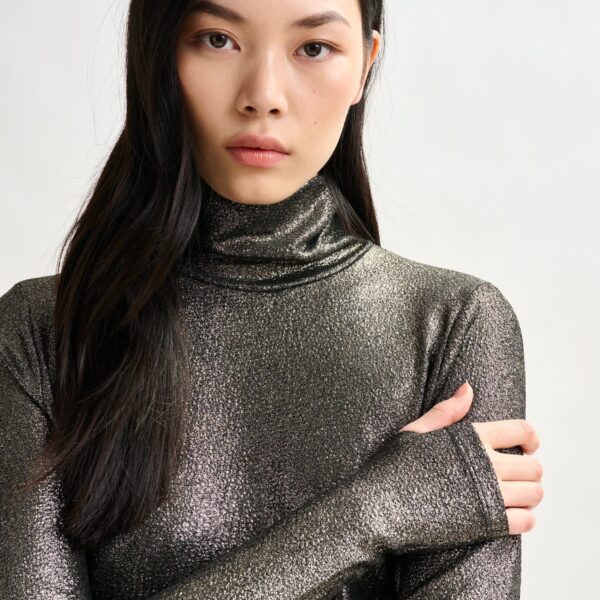 Essentiel Antwerp Silver stretch-jersey turtleneck top - Essentiel Antwerp Tops - Colorful Belgian Design - Shop at Coveti