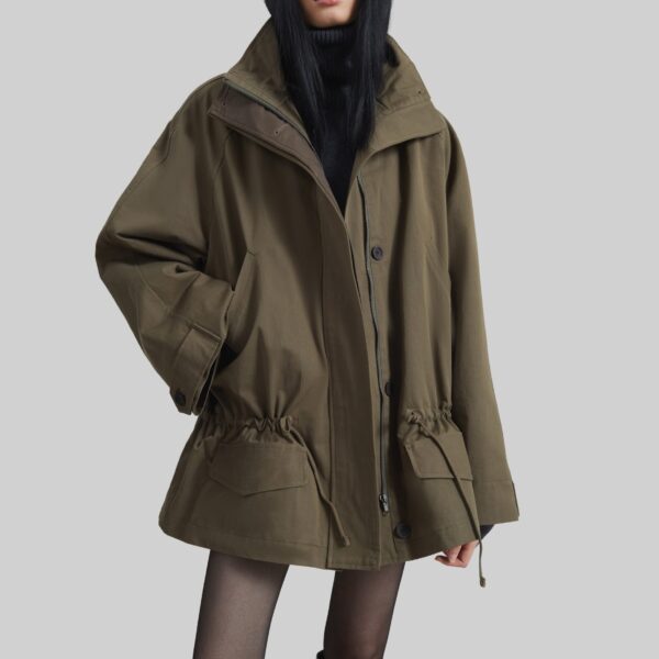 The Frankie Shop Alesie Drawstring Jacket - Olive Brown - Oversized Minimalist Jackets in Green - Shop at Coveti