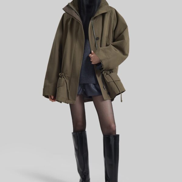 The Frankie Shop Alesie Drawstring Jacket - Olive Brown - Oversized Minimalist Jackets in Green - Shop at Coveti