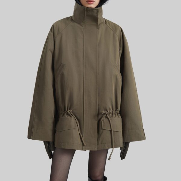 The Frankie Shop Alesie Drawstring Jacket - Olive Brown - Oversized Minimalist Jackets in Green - Shop at Coveti