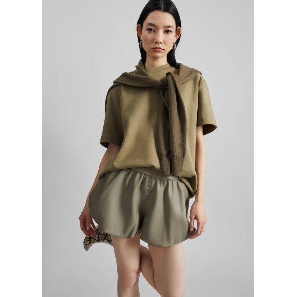 The Frankie Shop Alina Faux Leather Bubble Hem Shorts – Sage, view 3