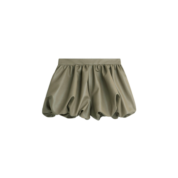 The Frankie Shop Alina Faux Leather Bubble Hem Shorts - Sage - Oversized Minimalist Shorts in Green - Shop at Coveti