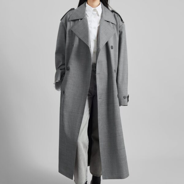 The Frankie Shop Bleecker Trench Coat - Grey Melange - Oversized Minimalist Coats in Grey - Shop at Coveti