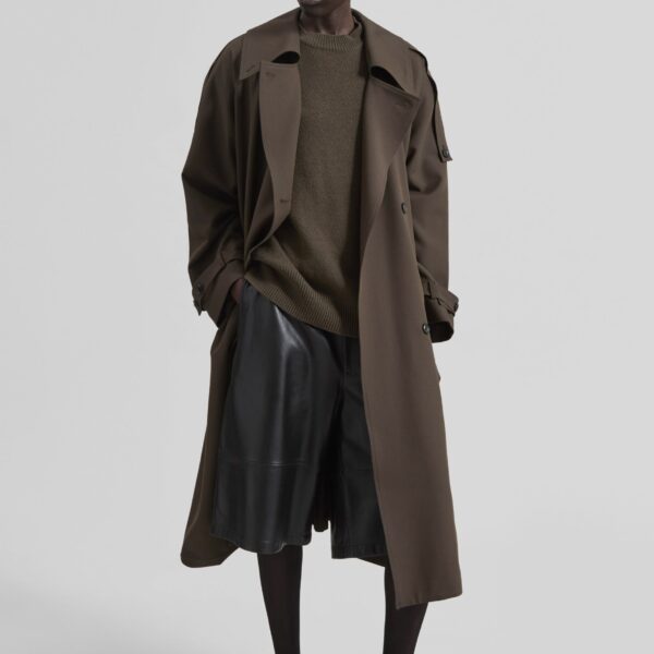 The Frankie Shop Dartford Trench Coat - Olive Brown - Oversized Minimalist Coats in Green - Shop at Coveti