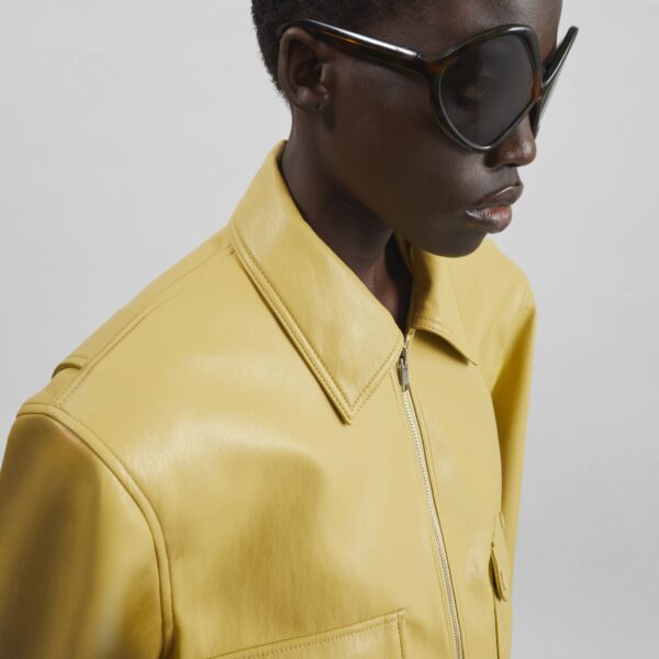 The Frankie Shop Denain Faux Leather Cropped Bomber Jacket - Yellow - Oversized Minimalist Jackets in Yellow - Shop at Coveti