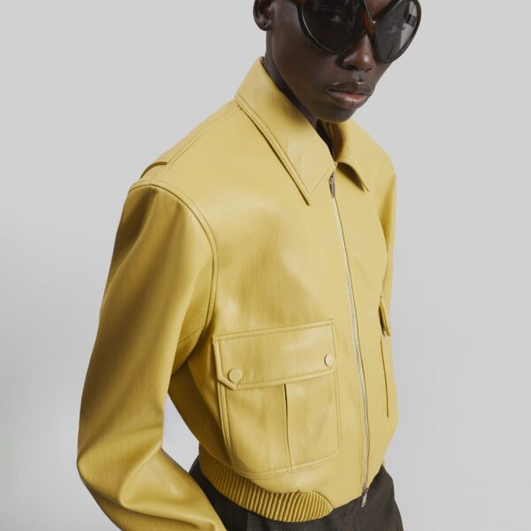 The Frankie Shop Denain Faux Leather Cropped Bomber Jacket - Yellow - Oversized Minimalist Jackets in Yellow - Shop at Coveti
