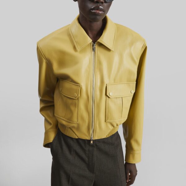 The Frankie Shop Denain Faux Leather Cropped Bomber Jacket - Yellow - Oversized Minimalist Jackets in Yellow - Shop at Coveti