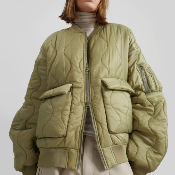 The Frankie Shop Halsey Quilted Bomber Jacket - Moss Green - Oversized Minimalist Jackets in Green - Shop at Coveti