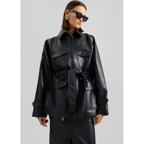 The Frankie Shop Kelia Faux Leather Padded Utility Jacket – Black, view 6