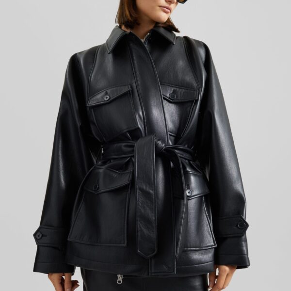 The Frankie Shop Kelia Faux Leather Padded Utility Jacket - Black - Oversized Minimalist Jackets in Black - Shop at Coveti