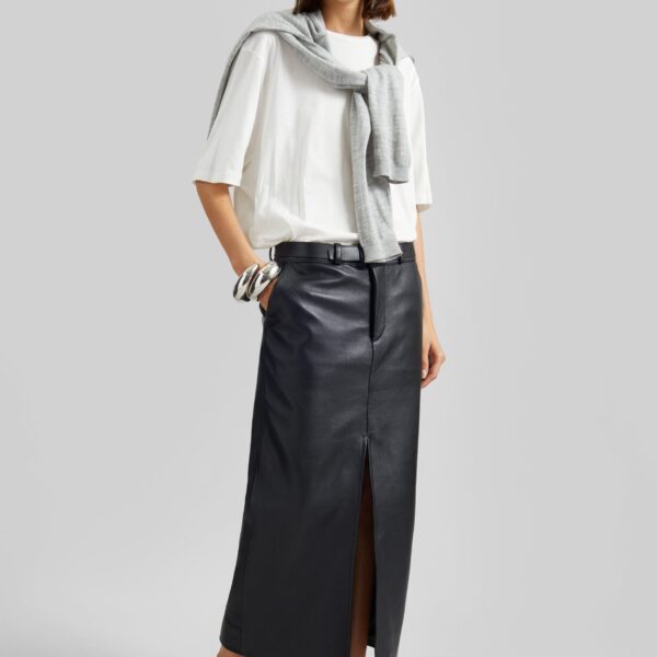 The Frankie Shop Maybelle Faux Leather Front Slit Pencil Skirt - Black - Oversized Minimalist Skirts in Black - Shop at Coveti