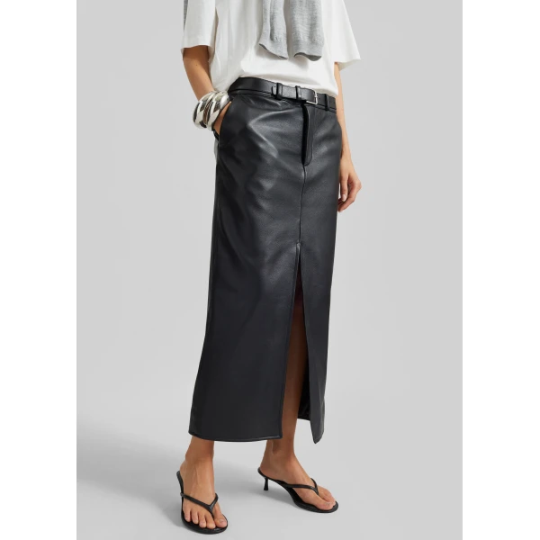 The Frankie Shop Maybelle Faux Leather Front Slit Pencil Skirt – Black, view 3