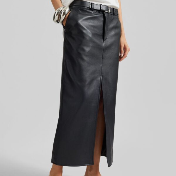 The Frankie Shop Maybelle Faux Leather Front Slit Pencil Skirt - Black - Oversized Minimalist Skirts in Black - Shop at Coveti