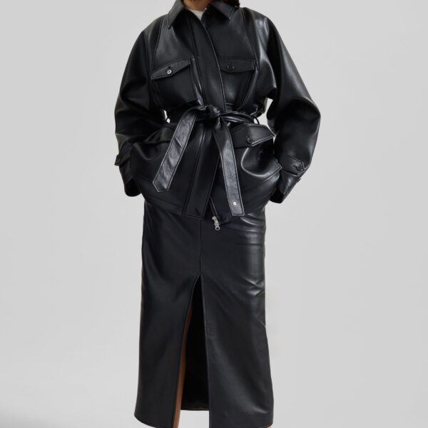 The Frankie Shop Maybelle Faux Leather Front Slit Pencil Skirt - Black - Oversized Minimalist Skirts in Black - Shop at Coveti