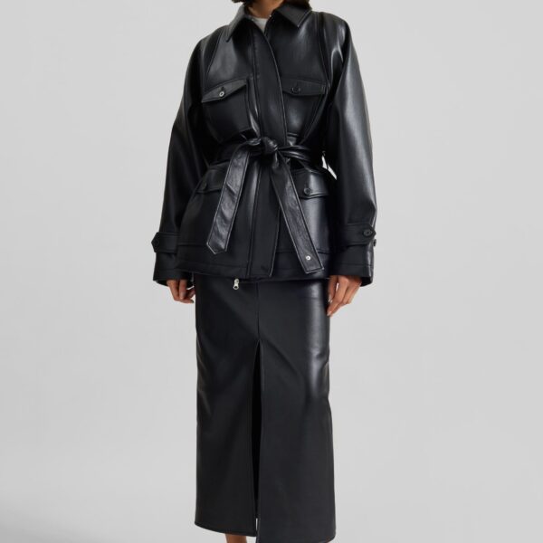 The Frankie Shop Maybelle Faux Leather Front Slit Pencil Skirt - Black - Oversized Minimalist Skirts in Black - Shop at Coveti