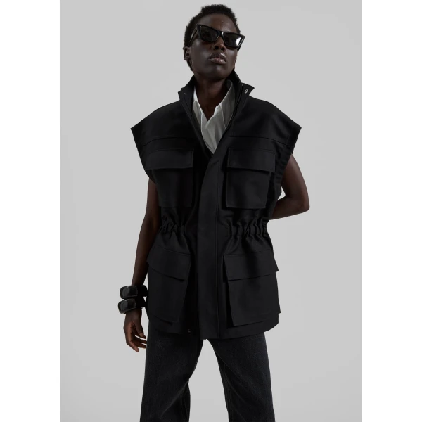 The Frankie Shop Melton Detachable Sleeve Cargo Jacket – Black, view 2
