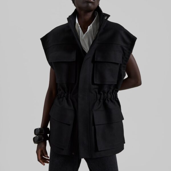 The Frankie Shop Melton Detachable Sleeve Cargo Jacket - Black - Oversized Minimalist Jackets in Black - Shop at Coveti