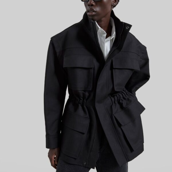 The Frankie Shop Melton Detachable Sleeve Cargo Jacket - Black - Oversized Minimalist Jackets in Black - Shop at Coveti