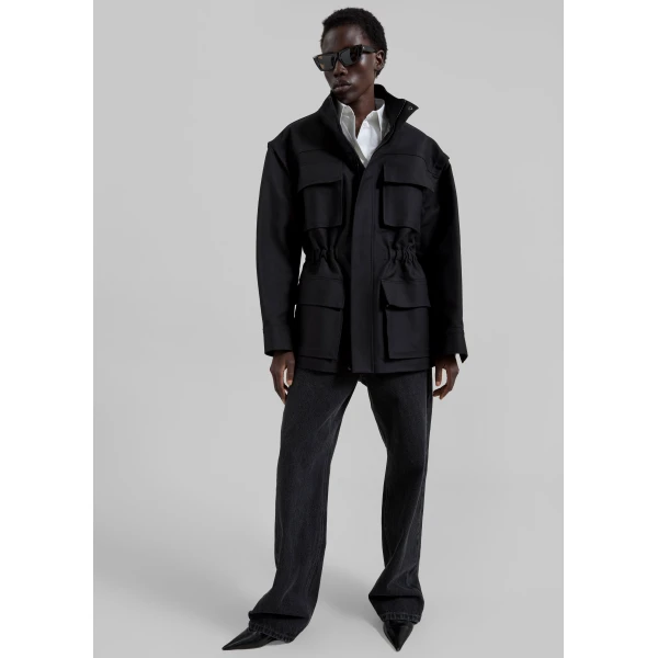 The Frankie Shop Melton Detachable Sleeve Cargo Jacket – Black, view 5
