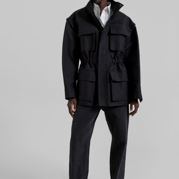 The Frankie Shop Melton Detachable Sleeve Cargo Jacket - Black - Oversized Minimalist Jackets in Black - Shop at Coveti