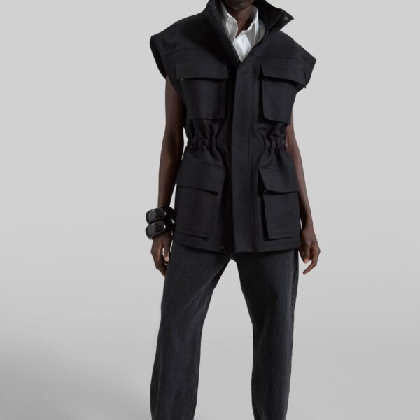 The Frankie Shop Melton Detachable Sleeve Cargo Jacket - Black - Oversized Minimalist Jackets in Black - Shop at Coveti