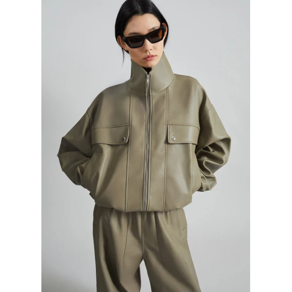 The Frankie Shop Nolita Faux Leather Bomber Jacket – Sage, view 2