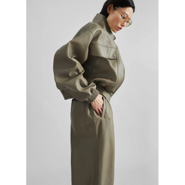 The Frankie Shop Nolita Faux Leather Bomber Jacket – Sage, view 6