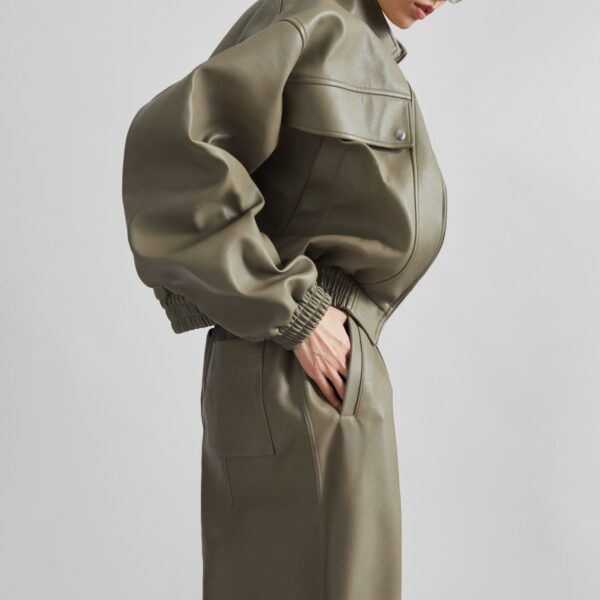 The Frankie Shop Nolita Faux Leather Bomber Jacket - Sage - Oversized Minimalist Jackets in Green - Shop at Coveti