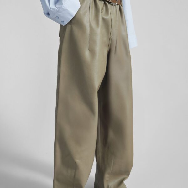 The Frankie Shop Oakdale Faux Leather Track Pants - Sage - Oversized Minimalist Pants in Green - Shop at Coveti