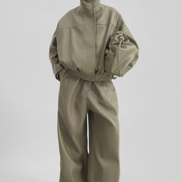 The Frankie Shop Oakdale Faux Leather Track Pants - Sage - Oversized Minimalist Pants in Green - Shop at Coveti
