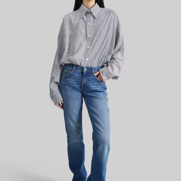 The Frankie Shop Quillan Button-Down Shirt - White/Black Stripe - Oversized Minimalist Tops in Black - Shop at Coveti