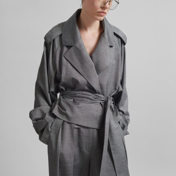 The Frankie Shop Simona Short Trench - Grey Melange - Oversized Minimalist Coats in Grey - Shop at Coveti