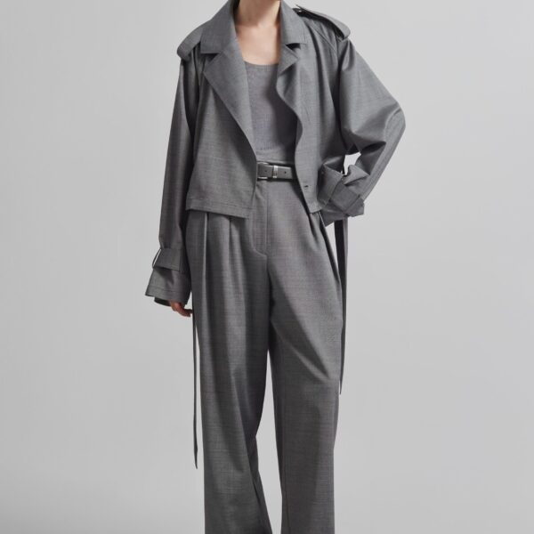 The Frankie Shop Simona Short Trench - Grey Melange - Oversized Minimalist Coats in Grey - Shop at Coveti