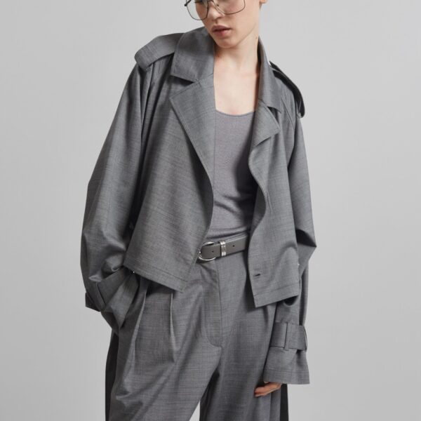 The Frankie Shop Simona Short Trench - Grey Melange - Oversized Minimalist Coats in Grey - Shop at Coveti