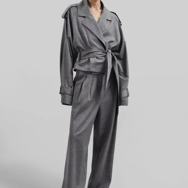 The Frankie Shop Simona Short Trench - Grey Melange - Oversized Minimalist Coats in Grey - Shop at Coveti