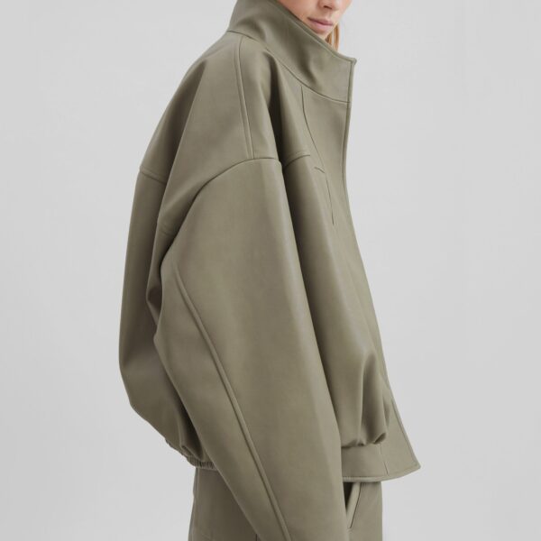 The Frankie Shop Veren Faux Leather Bomber Jacket - Sage - Oversized Minimalist Jackets in Green - Shop at Coveti