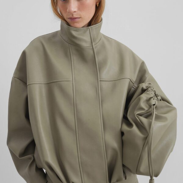 The Frankie Shop Veren Faux Leather Bomber Jacket - Sage - Oversized Minimalist Jackets in Green - Shop at Coveti
