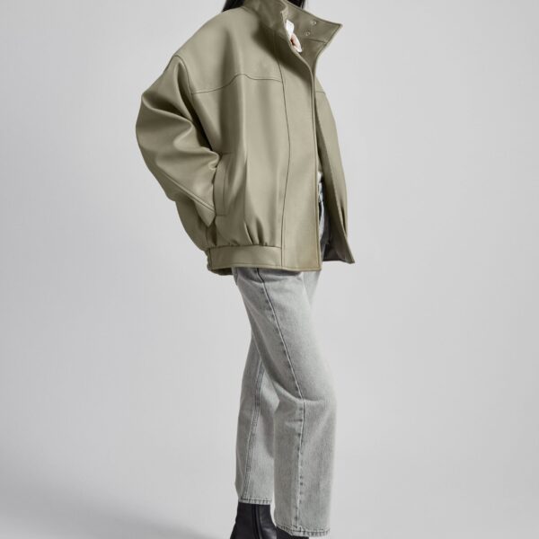 The Frankie Shop Veren Faux Leather Bomber Jacket - Sage - Oversized Minimalist Jackets in Green - Shop at Coveti