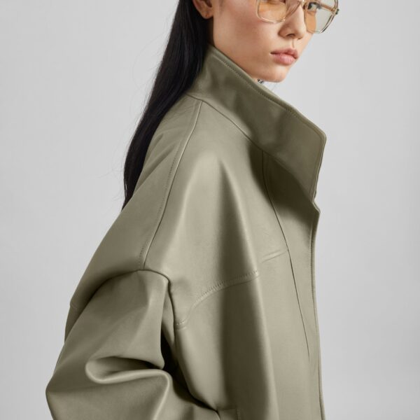 The Frankie Shop Veren Faux Leather Bomber Jacket - Sage - Oversized Minimalist Jackets in Green - Shop at Coveti