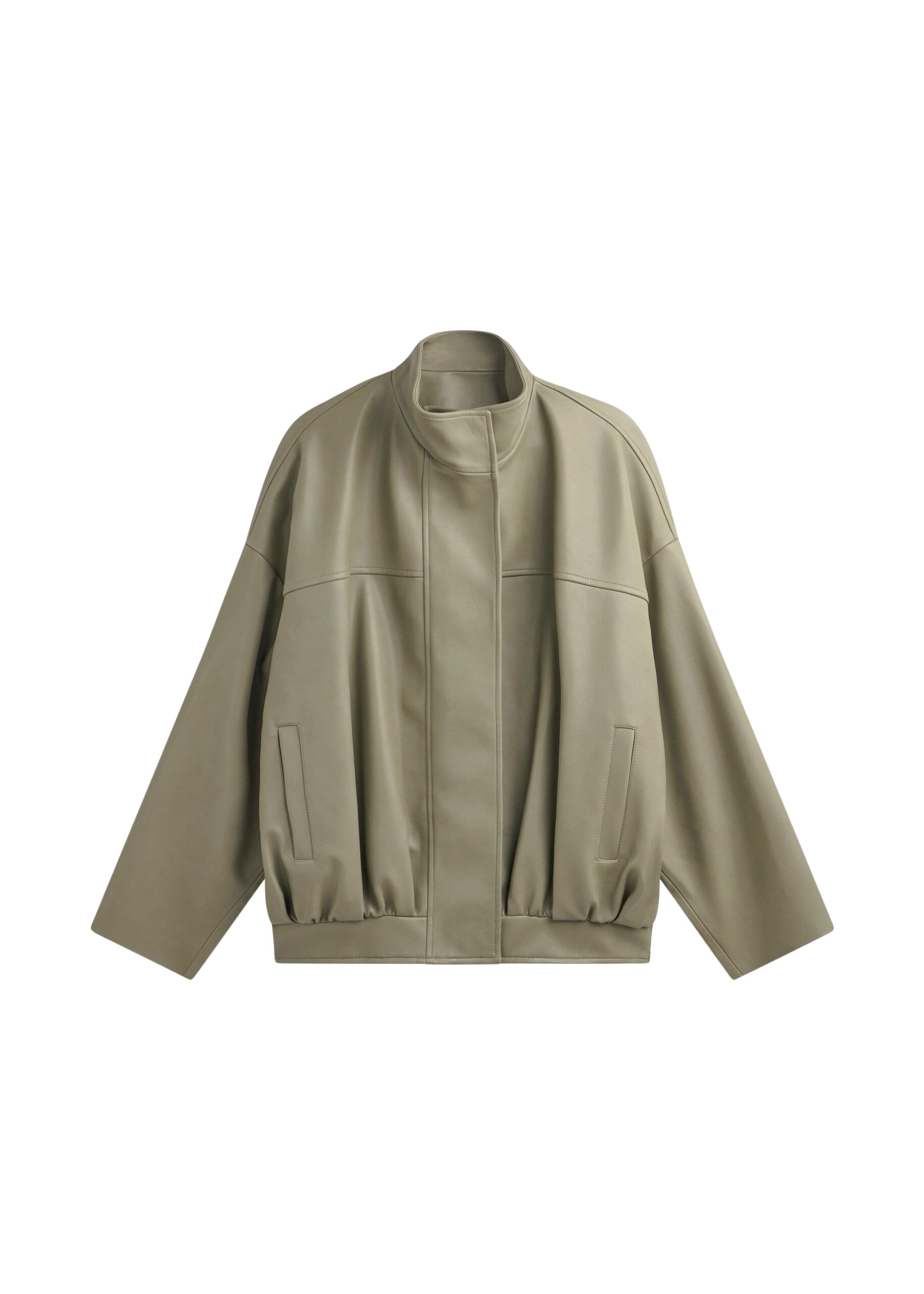 The Frankie Shop Veren Faux Leather Bomber Jacket - Sage - Oversized Minimalist Jackets in Green - Shop at Coveti