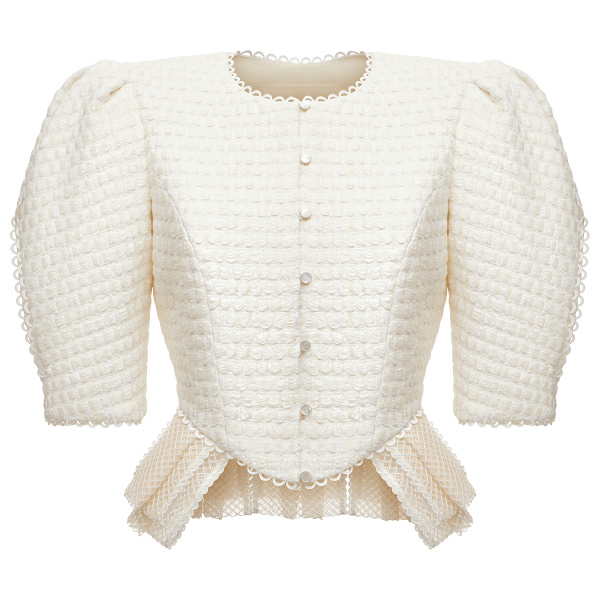 Ulyana Sergeenko Bouclé jacket with basque - Ulyana Sergeenko Corset Dress - Russian Couture - Shop at Coveti