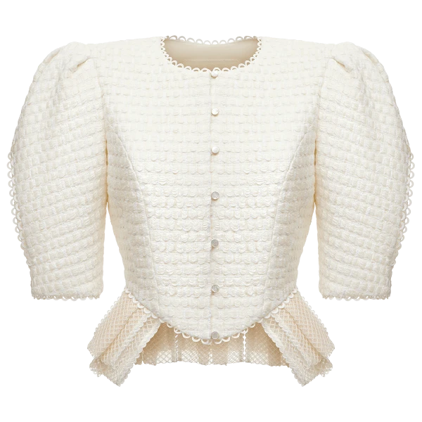 Ulyana Sergeenko Bouclé jacket with basque - Ulyana Sergeenko Corset Dress - Russian Couture - Shop at Coveti