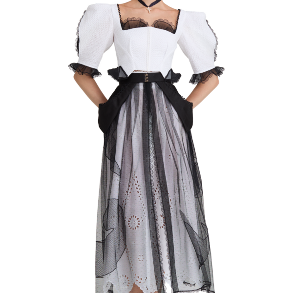 Ulyana Sergeenko Cotton blouse with organza trim - Ulyana Sergeenko Corset Dress - Russian Couture - Shop at Coveti