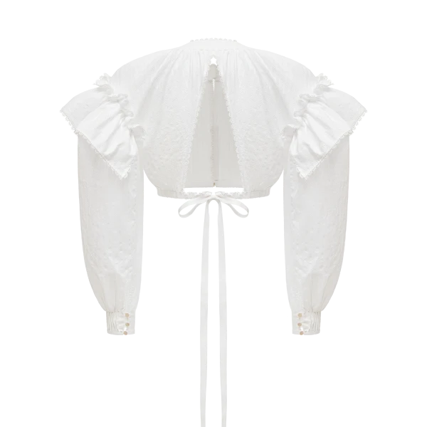 Ulyana Sergeenko Cotton blouse with ruffled shoulders and an open back - Ulyana Sergeenko Corset Dress - Russian Couture - Shop at Coveti