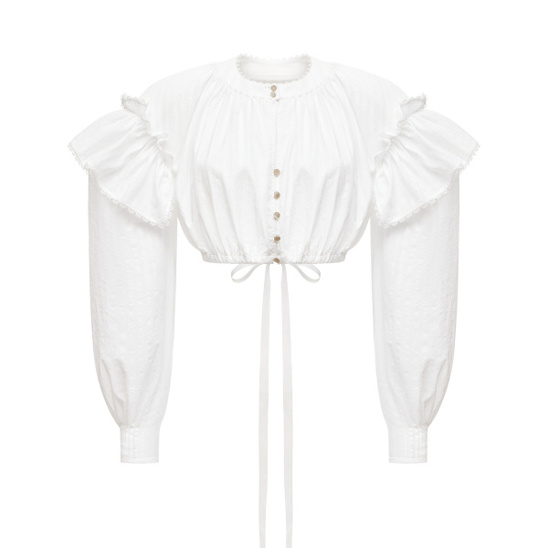 Ulyana Sergeenko Cotton blouse with ruffled shoulders and an open back - Ulyana Sergeenko Corset Dress - Russian Couture - Shop at Coveti