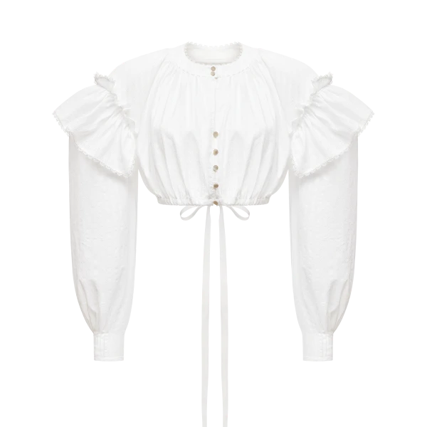 Ulyana Sergeenko Cotton blouse with ruffled shoulders and an open back - Ulyana Sergeenko Corset Dress - Russian Couture - Shop at Coveti