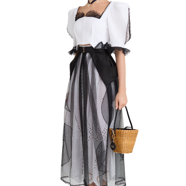 Ulyana Sergeenko Cotton midi skirt with floral embroidery and lace trim - Ulyana Sergeenko Corset Dress - Russian Couture - Shop at Coveti