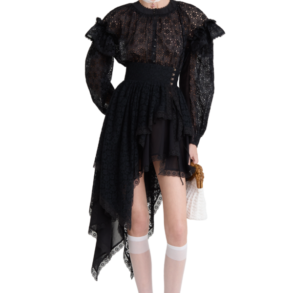 Ulyana Sergeenko Embroidered cotton blouse with ruffled shoulders and an open back - Ulyana Sergeenko Corset Dress - Russian Couture - Shop at Coveti