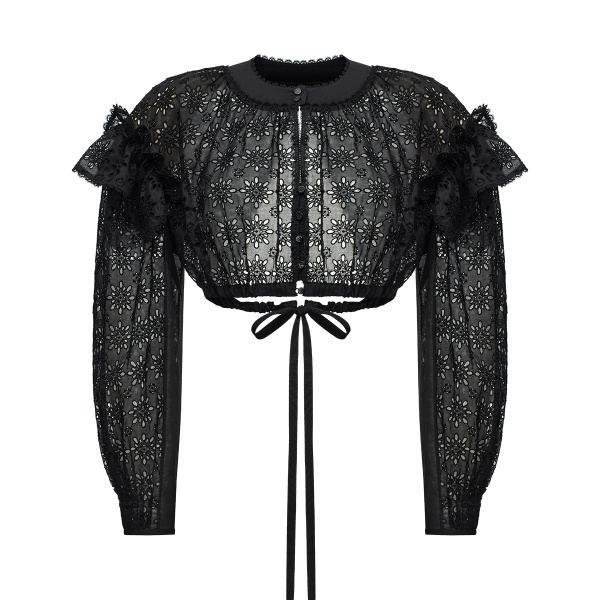 Ulyana Sergeenko Embroidered cotton blouse with ruffled shoulders and an open back - Ulyana Sergeenko Corset Dress - Russian Couture - Shop at Coveti